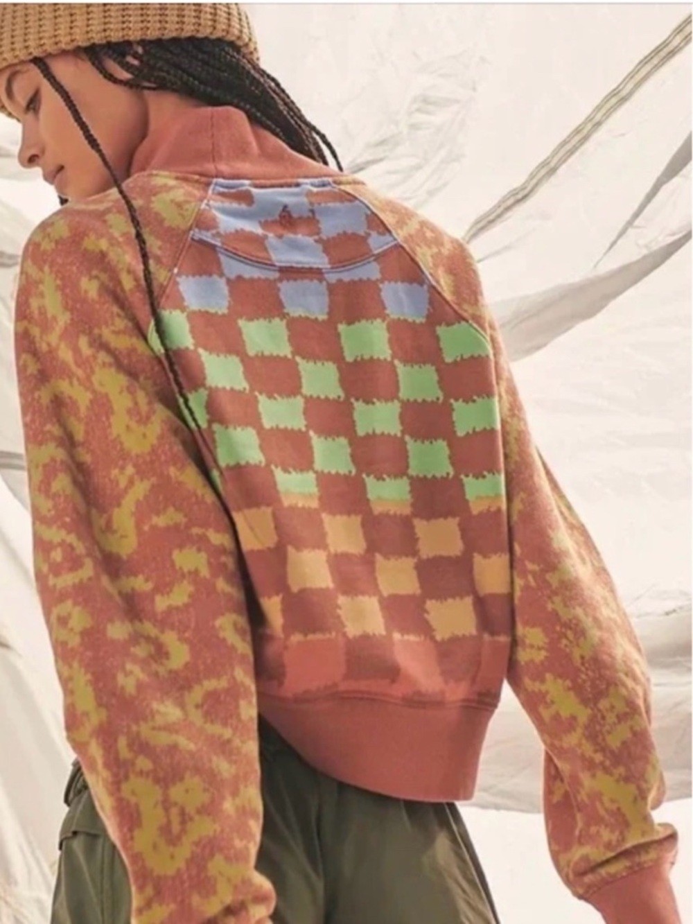 Free People Checkerboard Crewneck Sweater in Rust, Green & Blue